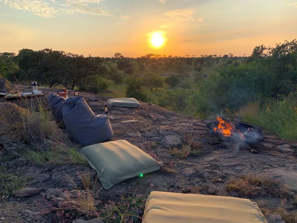 Bush seating and a campfire overlooking the savannah at sunset