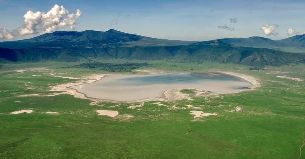 Soda lake on the Ngorongoro Crater floor seen from the rim